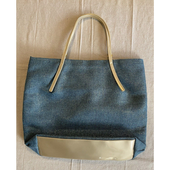 Lancome Paris Duffle Shoulder Bag Blue Gold Metallic Fibers Adj Strap Travel Bag - Picture 2 of 10